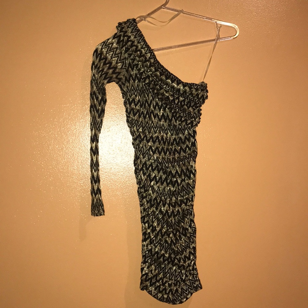 Gold & Black One Shoulder Cowl Neck Ruched Dress